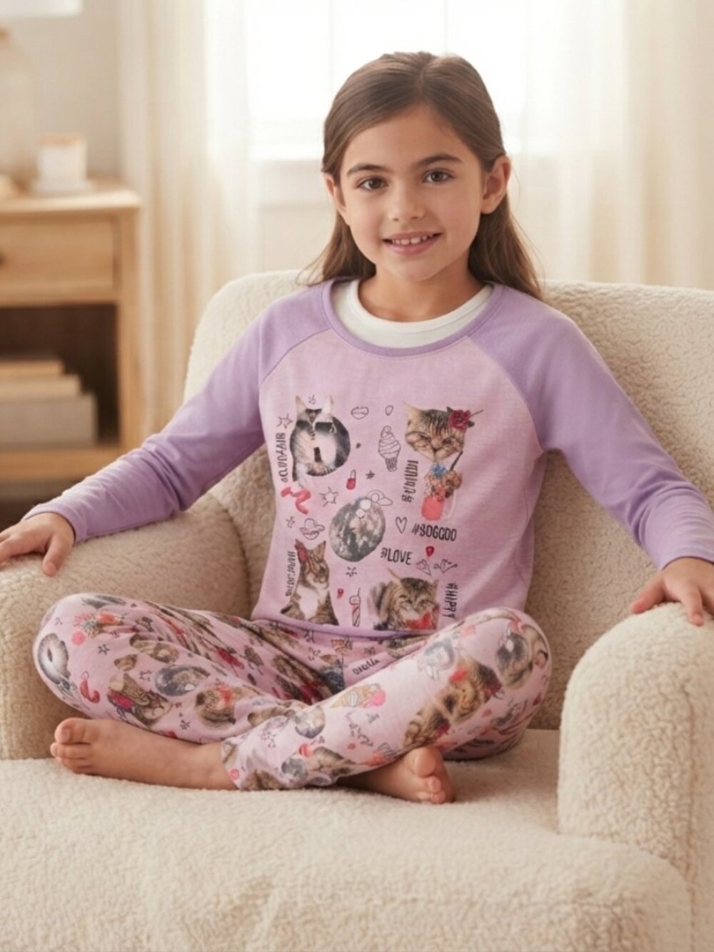 OshKosh B'gosh Girls Cat Print Pajama Set - Purple Long Sleeve Top & Pants